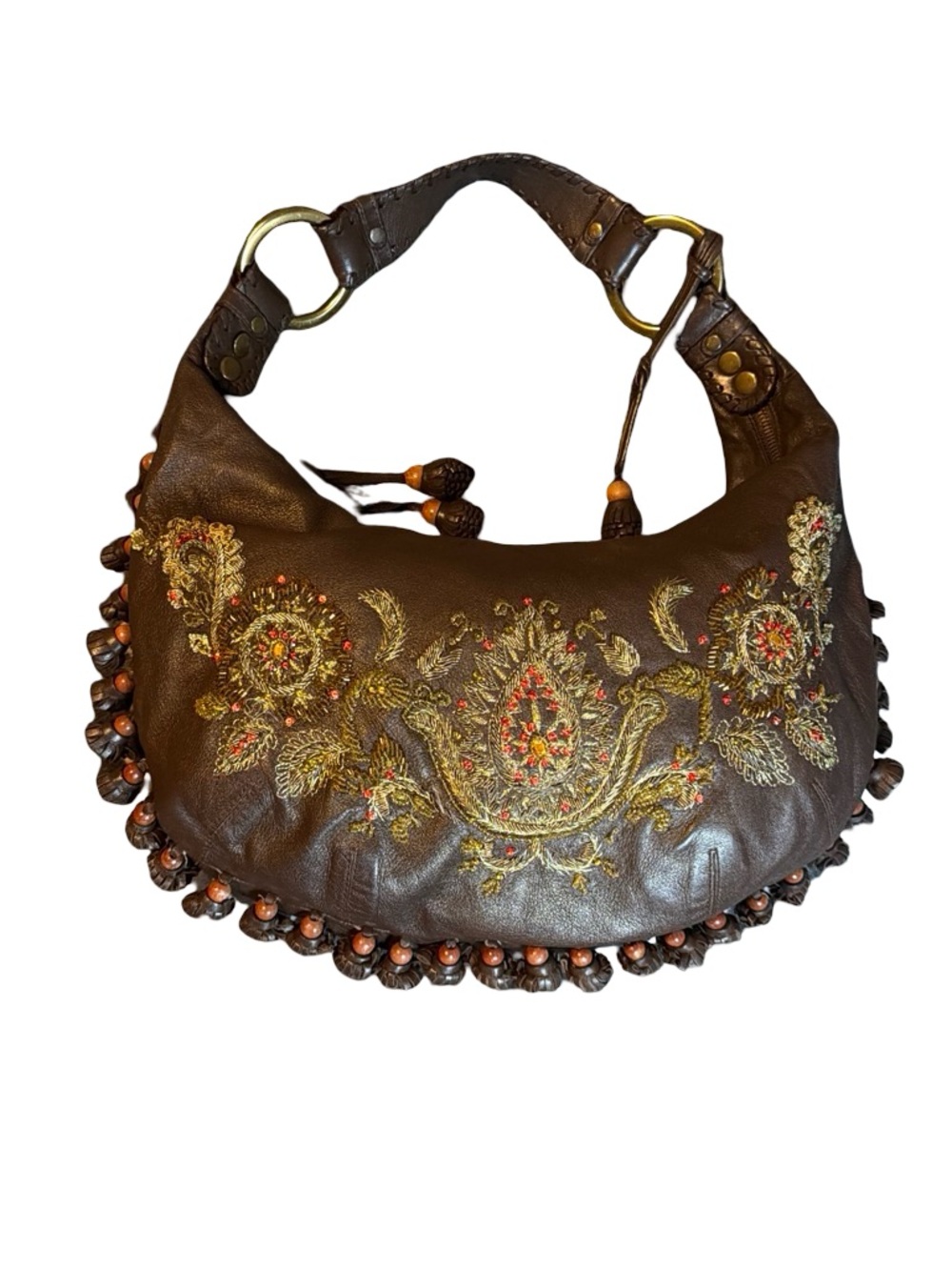 ISABELLA FIORE INDIA EMBELLISHED EMBROIDERED TASSELED HOBO SHOULDER HANDBAG